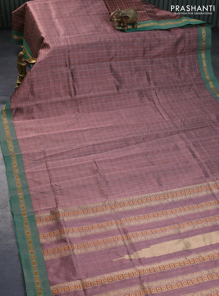 Kanchipuram silk cotton saree pastel brown and green with allover zari checked pattern and simple border