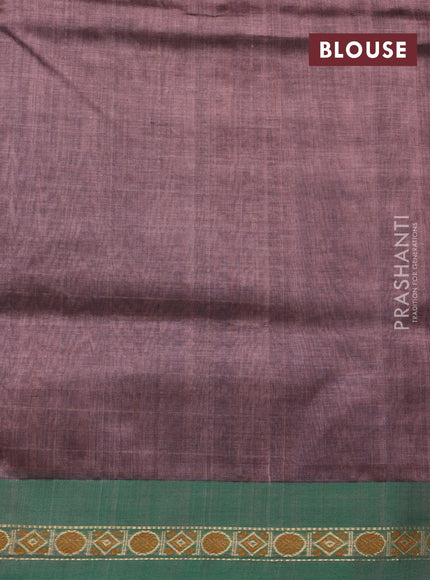 Kanchipuram silk cotton saree pastel brown and green with allover zari checked pattern and simple border