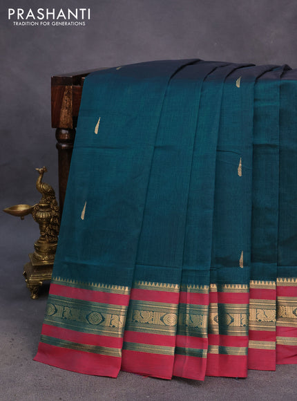 Kanchipuram silk cotton saree peacock green and dual shade of red with zari woven buttas and zari woven border