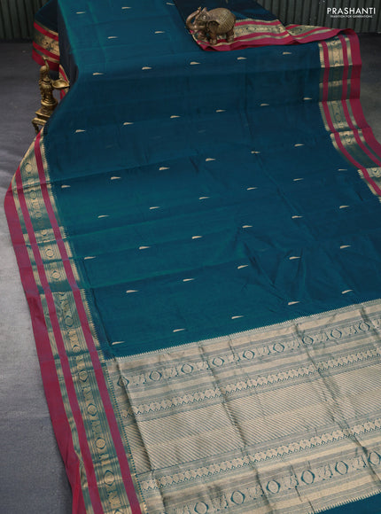 Kanchipuram silk cotton saree peacock green and dual shade of red with zari woven buttas and zari woven border