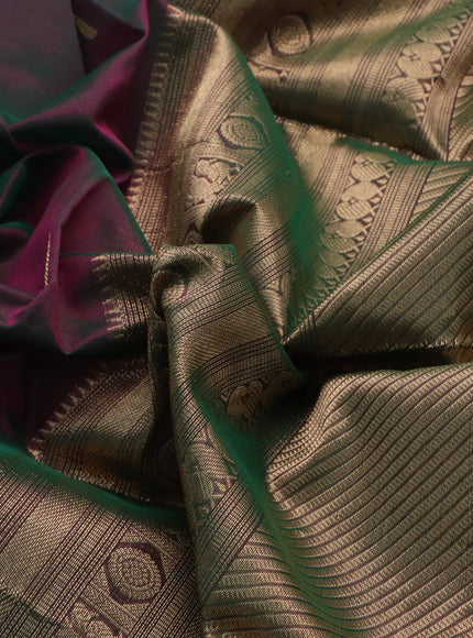 Kanchipuram silk cotton saree dual shade of pinkish green and pink with zari woven buttas and zari woven border