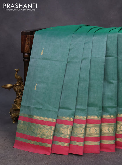 Kanchipuram silk cotton saree green shade and dual shade of red with zari woven buttas and zari woven border