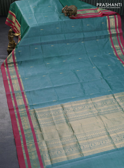 Kanchipuram silk cotton saree green shade and dual shade of red with zari woven buttas and zari woven border