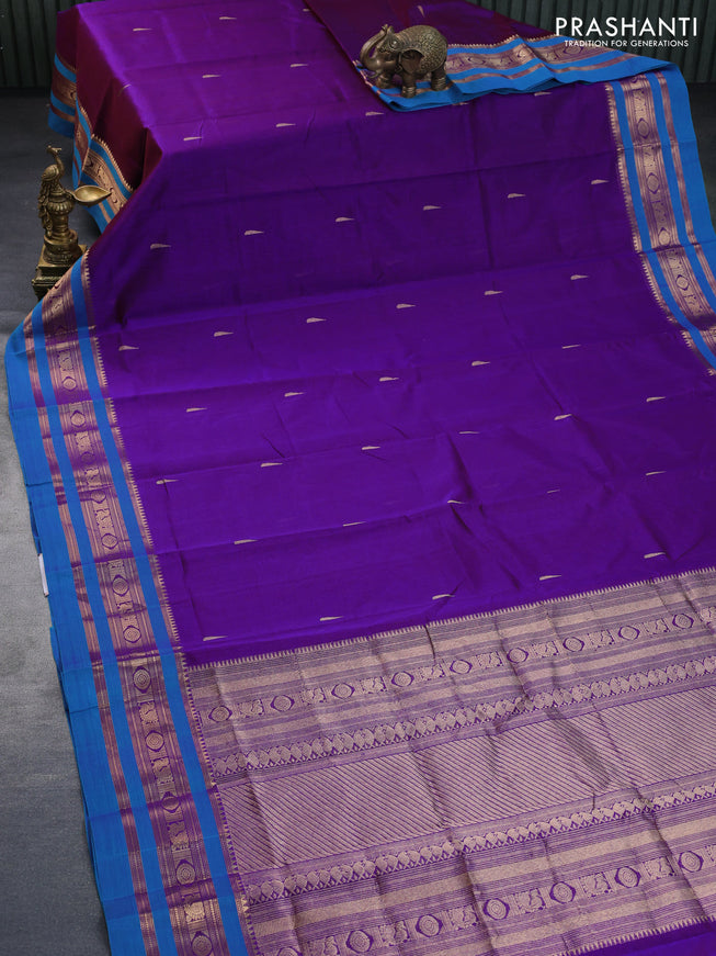 Kanchipuram silk cotton saree dual shade of purple and cs blue with zari woven buttas and zari woven border