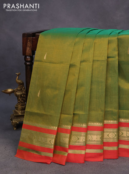 Kanchipuram silk cotton saree dual shade of green and dual shade of red with zari woven buttas and zari woven border