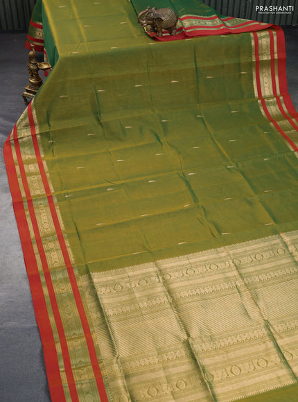 Kanchipuram silk cotton saree dual shade of green and dual shade of red with zari woven buttas and zari woven border