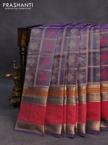 Kanchipuram silk cotton saree dual shade of violet and red with allover thread checks & buttas and rettapet zari woven border