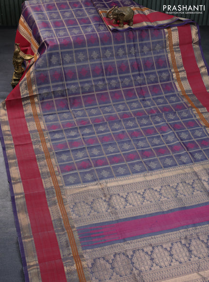 Kanchipuram silk cotton saree dual shade of violet and red with allover thread checks & buttas and rettapet zari woven border