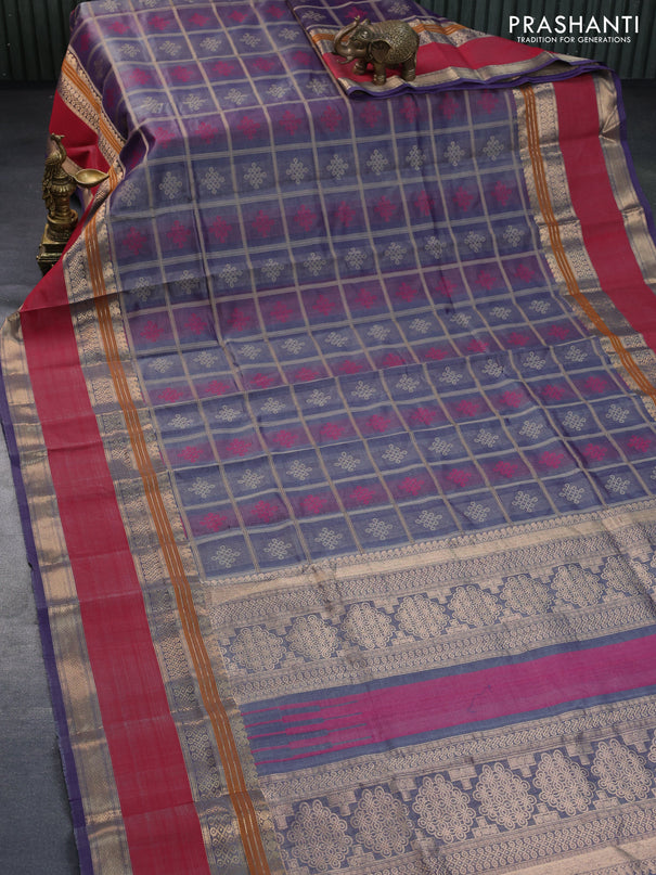 Kanchipuram silk cotton saree dual shade of violet and red with allover thread checks & buttas and rettapet zari woven border