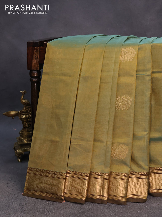 Kanchipuram silk cotton saree dual shade of mehendi green with annam zari woven buttas and zari woven border