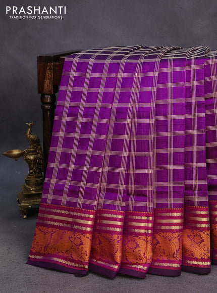 Kanchipuram silk cotton saree purple with allover thread woven checked pattern and thread & zari woven border