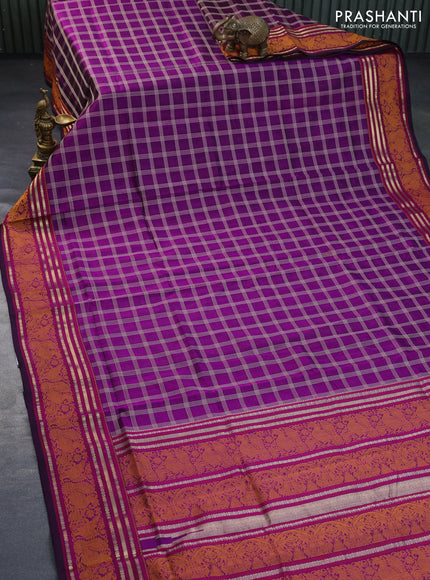 Kanchipuram silk cotton saree purple with allover thread woven checked pattern and thread & zari woven border