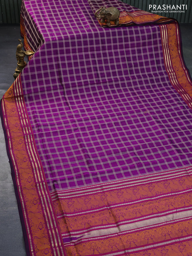 Kanchipuram silk cotton saree purple with allover thread woven checked pattern and thread & zari woven border