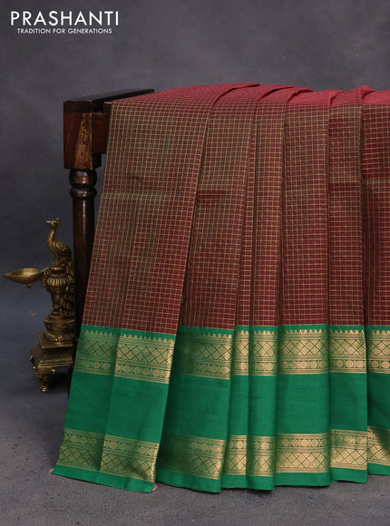 Kanchipuram silk cotton saree manthulir green and green with allover zari checked pattern and rudhraksha rettapet zari woven border