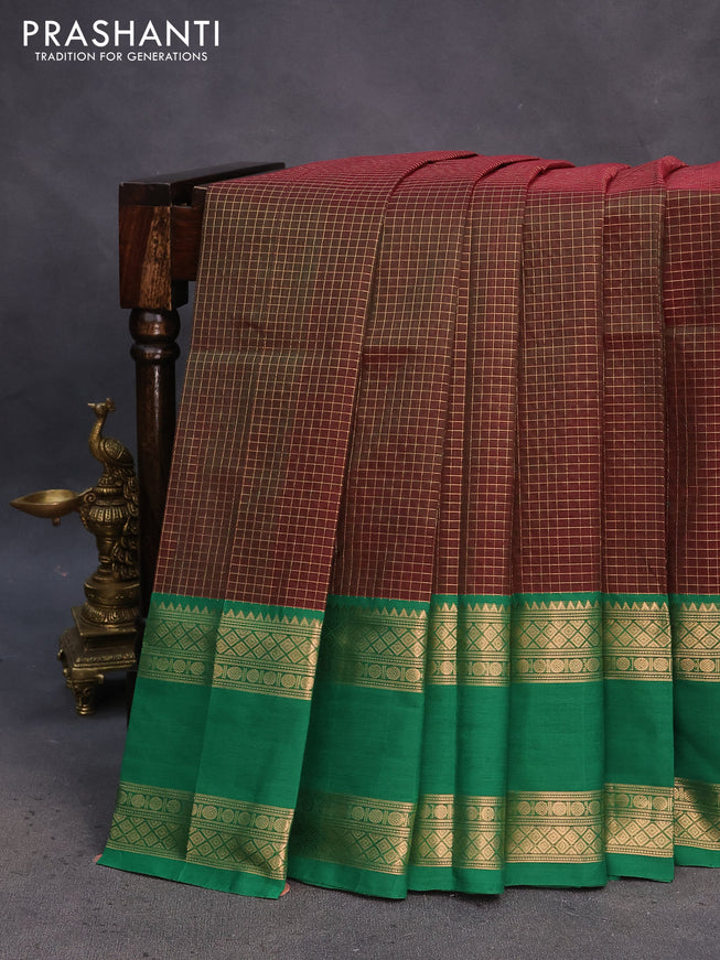 Kanchipuram silk cotton saree manthulir green and green with allover zari checked pattern and rudhraksha rettapet zari woven border