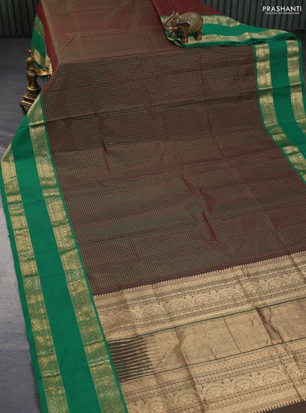 Kanchipuram silk cotton saree manthulir green and green with allover zari checked pattern and rudhraksha rettapet zari woven border