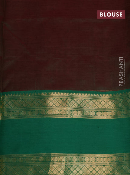 Kanchipuram silk cotton saree manthulir green and green with allover zari checked pattern and rudhraksha rettapet zari woven border