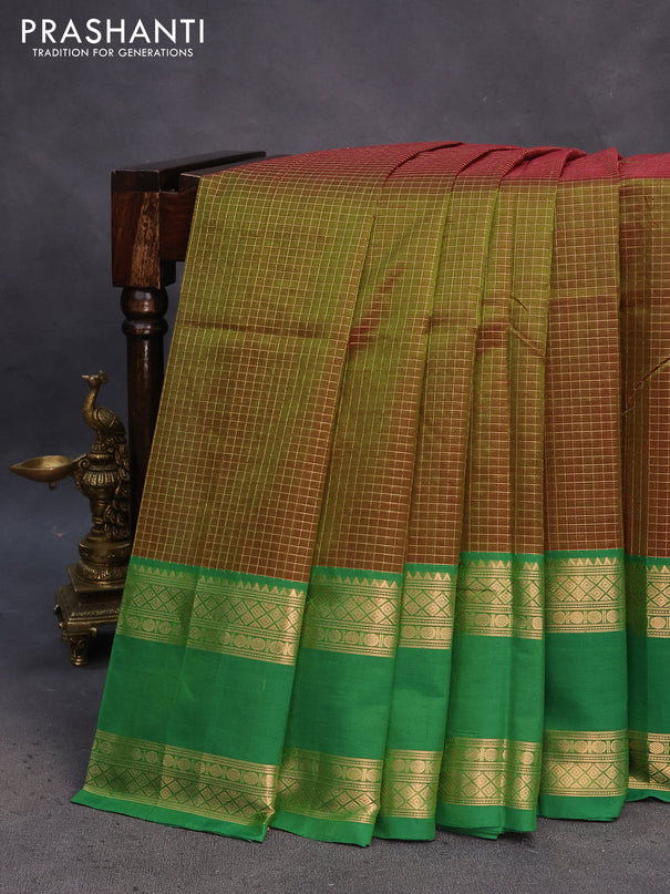 Kanchipuram silk cotton saree manthulir green and green with allover zari checked pattern and rudhraksha rettapet zari woven border