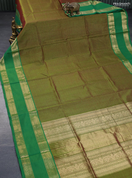 Kanchipuram silk cotton saree manthulir green and green with allover zari checked pattern and rudhraksha rettapet zari woven border