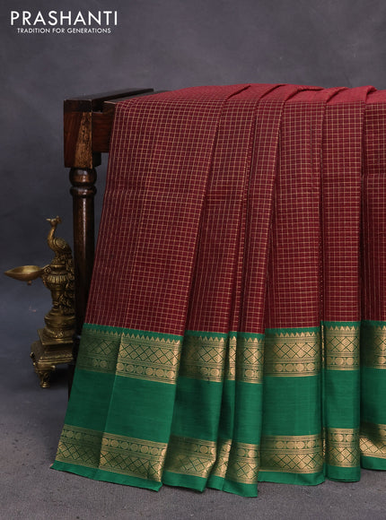 Kanchipuram silk cotton saree deep maroon and green with allover zari checked pattern and rudhraksha rettapet zari woven border