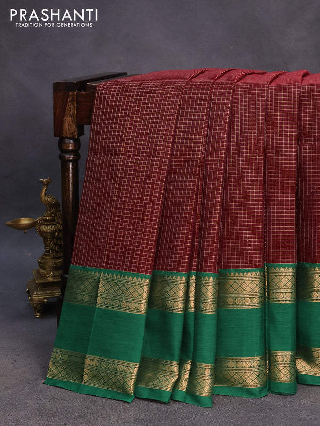 Kanchipuram silk cotton saree deep maroon and green with allover zari checked pattern and rudhraksha rettapet zari woven border