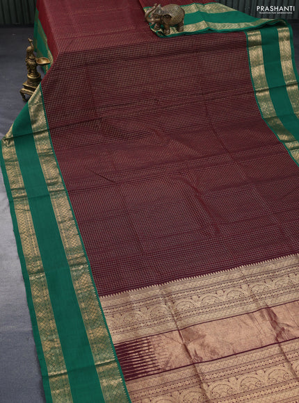 Kanchipuram silk cotton saree deep maroon and green with allover zari checked pattern and rudhraksha rettapet zari woven border