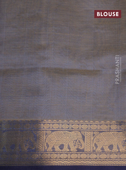 Kanchipuram silk cotton saree dual shade of grey and navy blue with allover zari strips pattern and elephant zari woven boder