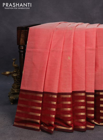 Kanchipuram silk cotton saree red shade and maroon with zari woven annam buttas and long zari woven border