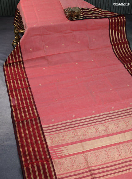 Kanchipuram silk cotton saree red shade and maroon with zari woven annam buttas and long zari woven border