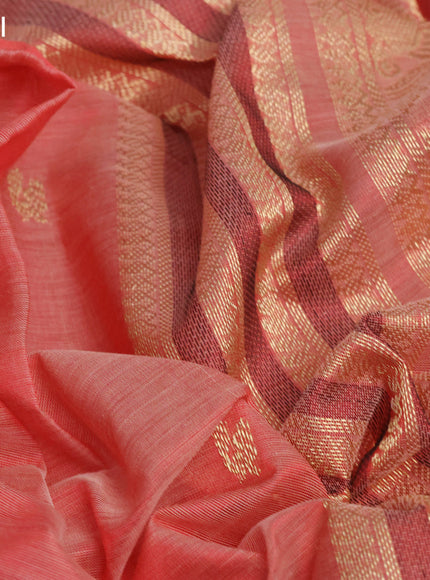 Kanchipuram silk cotton saree red shade and maroon with zari woven annam buttas and long zari woven border