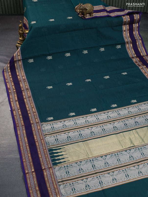 Kanchipuram silk cotton saree dark peacock green and navy blue with thread woven buttas and thread & zari woven border