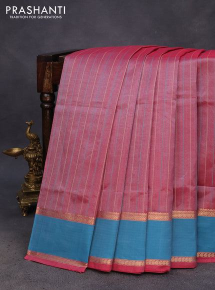 Kanchipuram silk cotton saree dual shade of red and teal blue with allover thread weaves and rettapet zari woven border