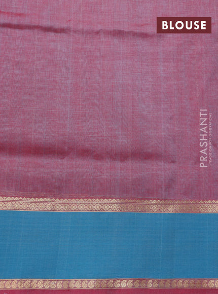 Kanchipuram silk cotton saree dual shade of red and teal blue with allover thread weaves and rettapet zari woven border