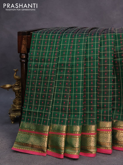 Kanchipuram silk cotton saree green and pink with allover thread woven checked pattern & 1000 buttas and zari woven border