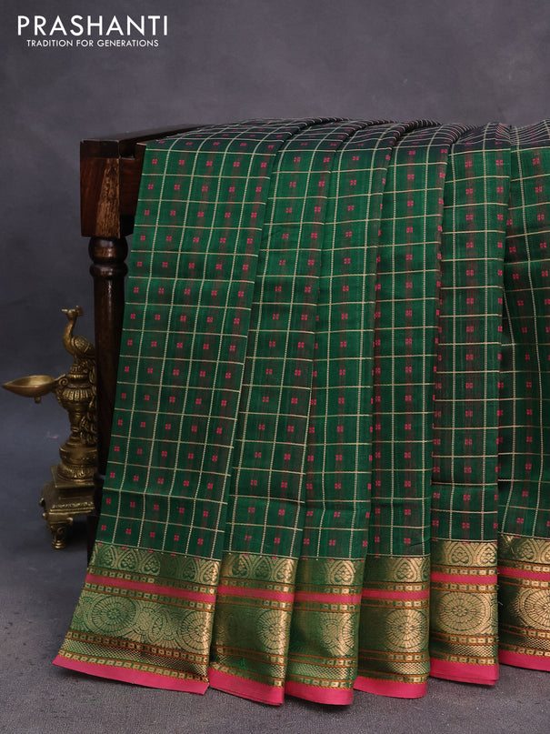 Kanchipuram silk cotton saree green and pink with allover thread woven checked pattern & 1000 buttas and zari woven border