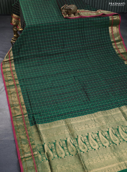 Kanchipuram silk cotton saree green and pink with allover thread woven checked pattern & 1000 buttas and zari woven border