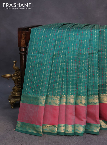 Kanchipuram silk cotton saree teal green and pink shade with allover thread woven checked pattern & 1000 buttas and rettapet zari woven border