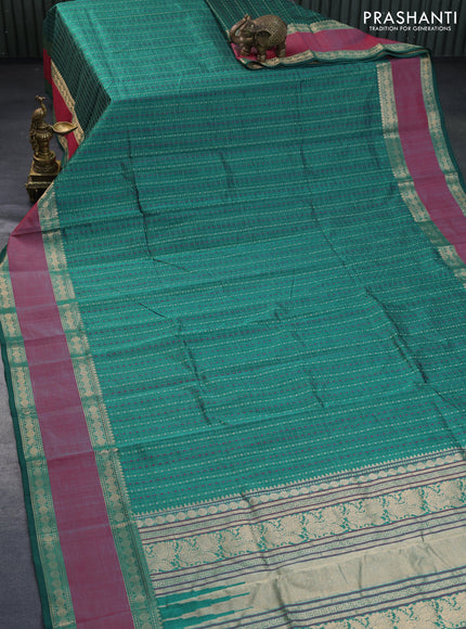 Kanchipuram silk cotton saree teal green and pink shade with allover thread woven checked pattern & 1000 buttas and rettapet zari woven border