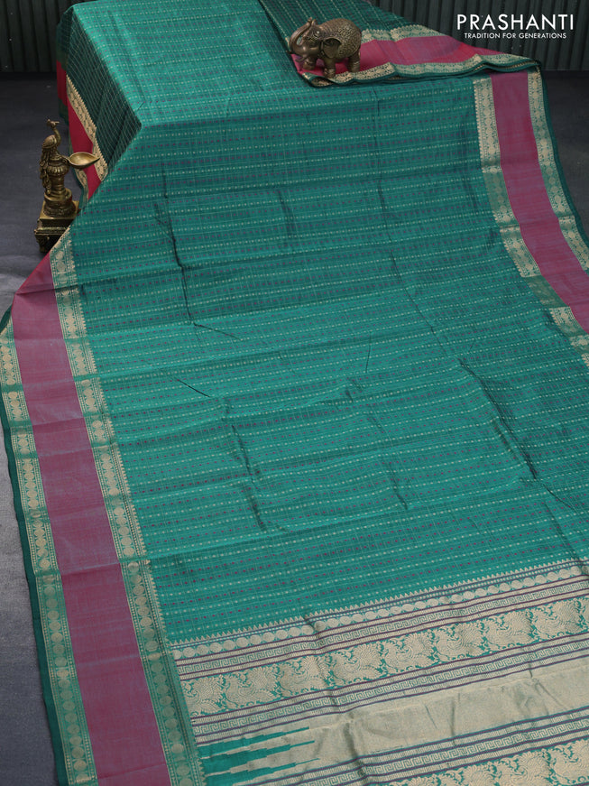 Kanchipuram silk cotton saree teal green and pink shade with allover thread woven checked pattern & 1000 buttas and rettapet zari woven border