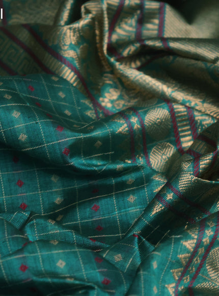 Kanchipuram silk cotton saree teal green and pink shade with allover thread woven checked pattern & 1000 buttas and rettapet zari woven border