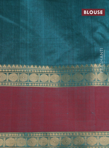 Kanchipuram silk cotton saree teal green and pink shade with allover thread woven checked pattern & 1000 buttas and rettapet zari woven border