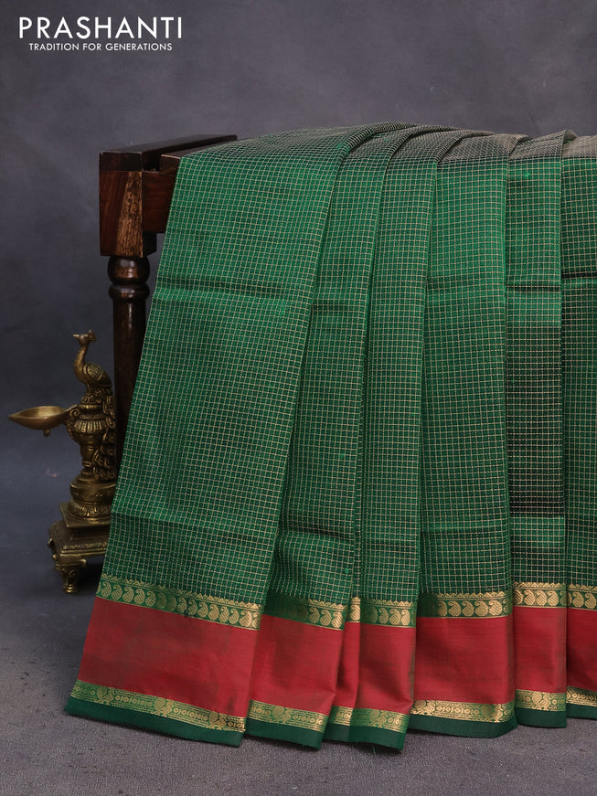 Kanchipuram silk cotton saree green and maroon with allover checked pattern and rettapet zari woven border