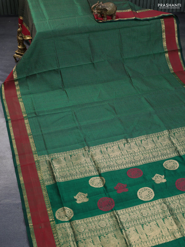 Kanchipuram silk cotton saree green and maroon with allover checked pattern and rettapet zari woven border