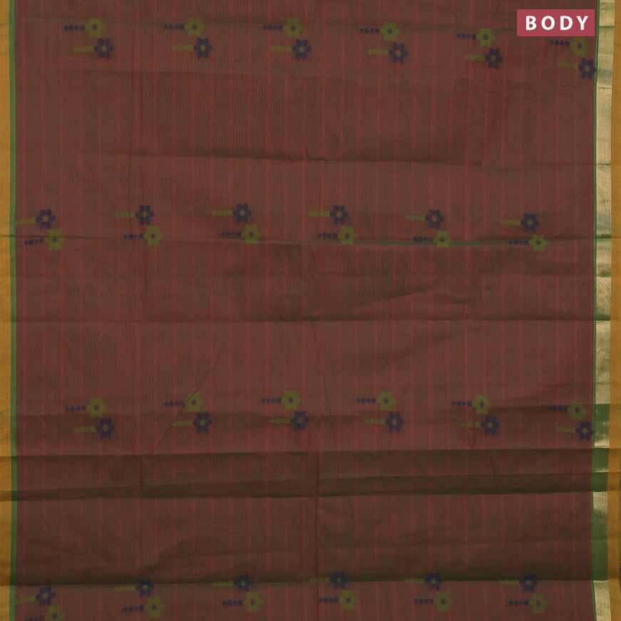 Nithyam cotton saree dual shade of greenish pink and mustard shade with thread woven floral buttas and zari woven simple border