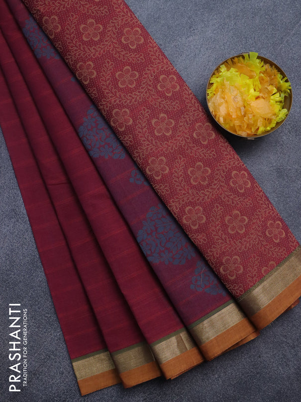 Nithyam cotton saree maroon and dark mustard with thread woven floral buttas and zari woven simple border