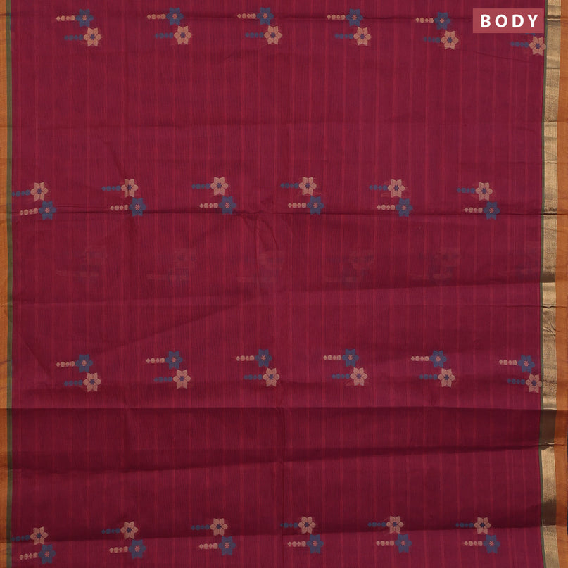 Nithyam cotton saree maroon and dark mustard with thread woven floral buttas and zari woven simple border