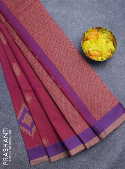 Nithyam cotton saree magenta pink and blue with thread woven buttas and thread woven border