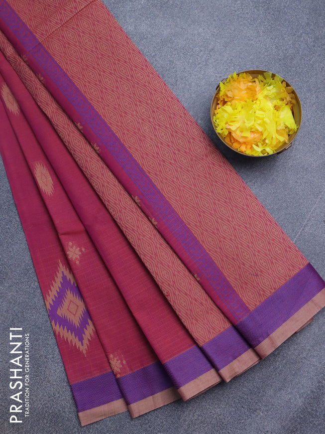 Nithyam cotton saree magenta pink and blue with thread woven buttas and thread woven border