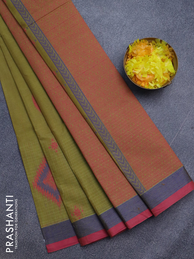 Nithyam cotton saree light green and pink with thread woven buttas and thread woven border