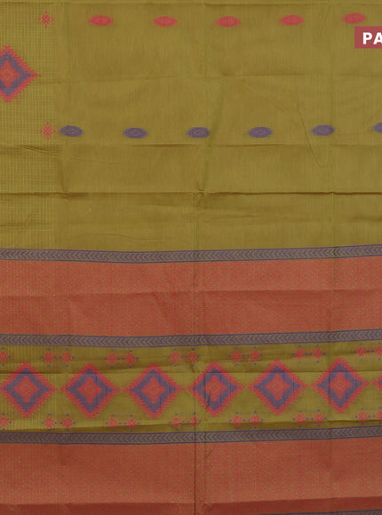 Nithyam cotton saree light green and pink with thread woven buttas and thread woven border